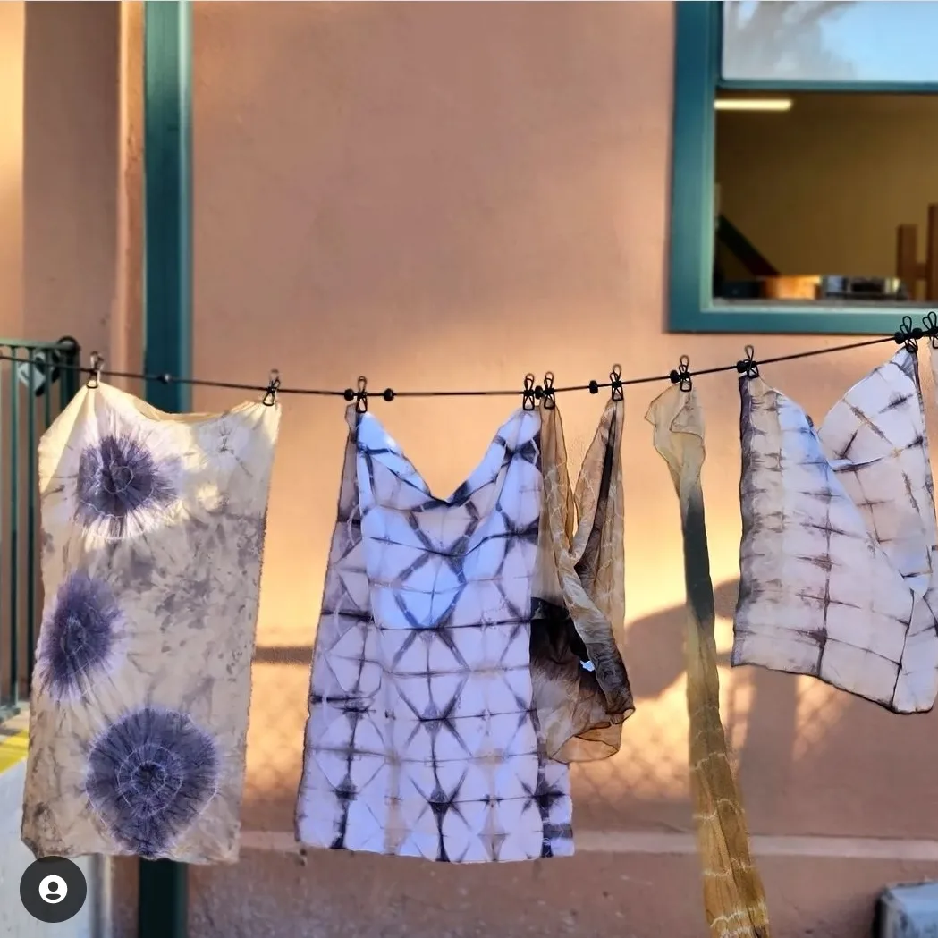 Closeup of textiles dyed in Acorn & Oak Gall Natural Dye and Shibori workshop