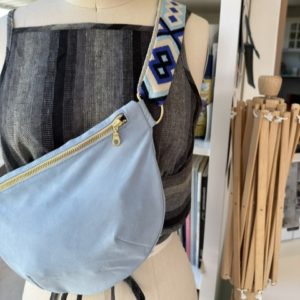 close up of nikola pouch on mannequin in sewing studio