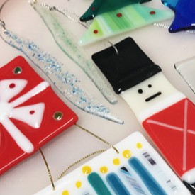 close up of fused glass seasonal ornaments